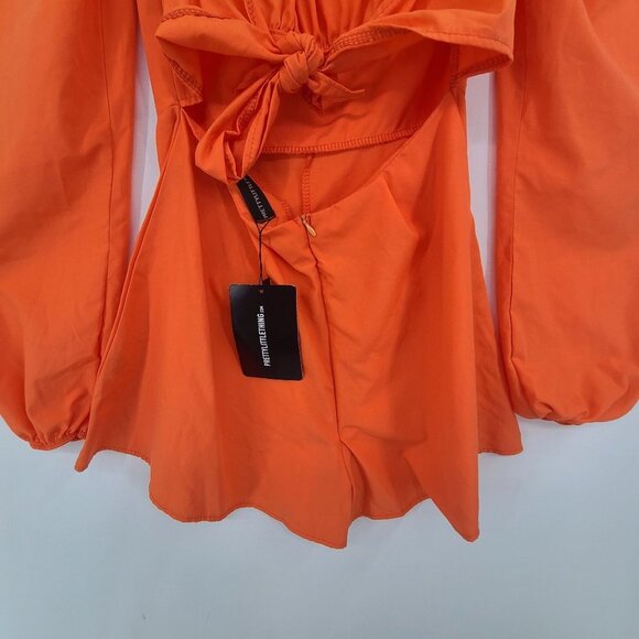 PrettyLittleThings Bright Orange Tie Back Long Sleeve Romper Size 2 - Picture 7 of 11